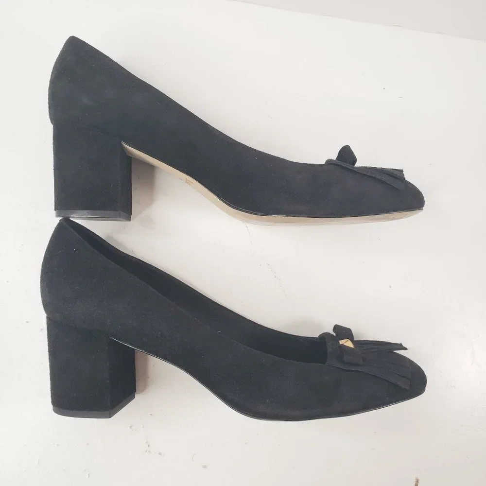 Kate Spade Kiltie Block Heel Pumps Sz 10 Black Suede Slip On Dressy Bow Heels - Picture 6 of 12